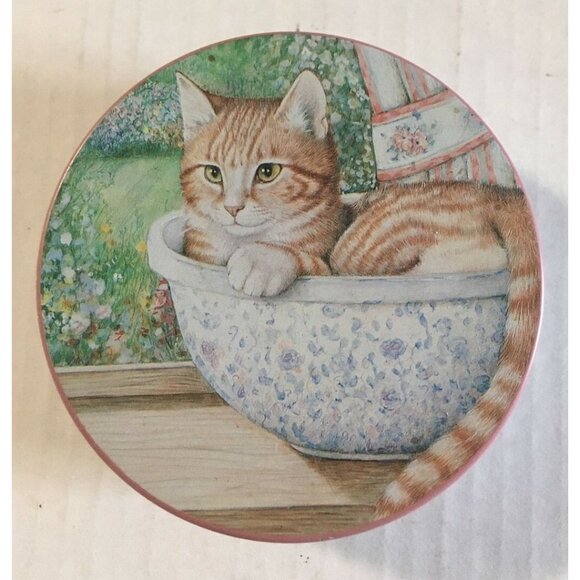 Lot of 6 Ginger Striped Tabby Cat Coasters Tin Box Cork Backed Country 3.5" Dia. - Picture 1 of 4